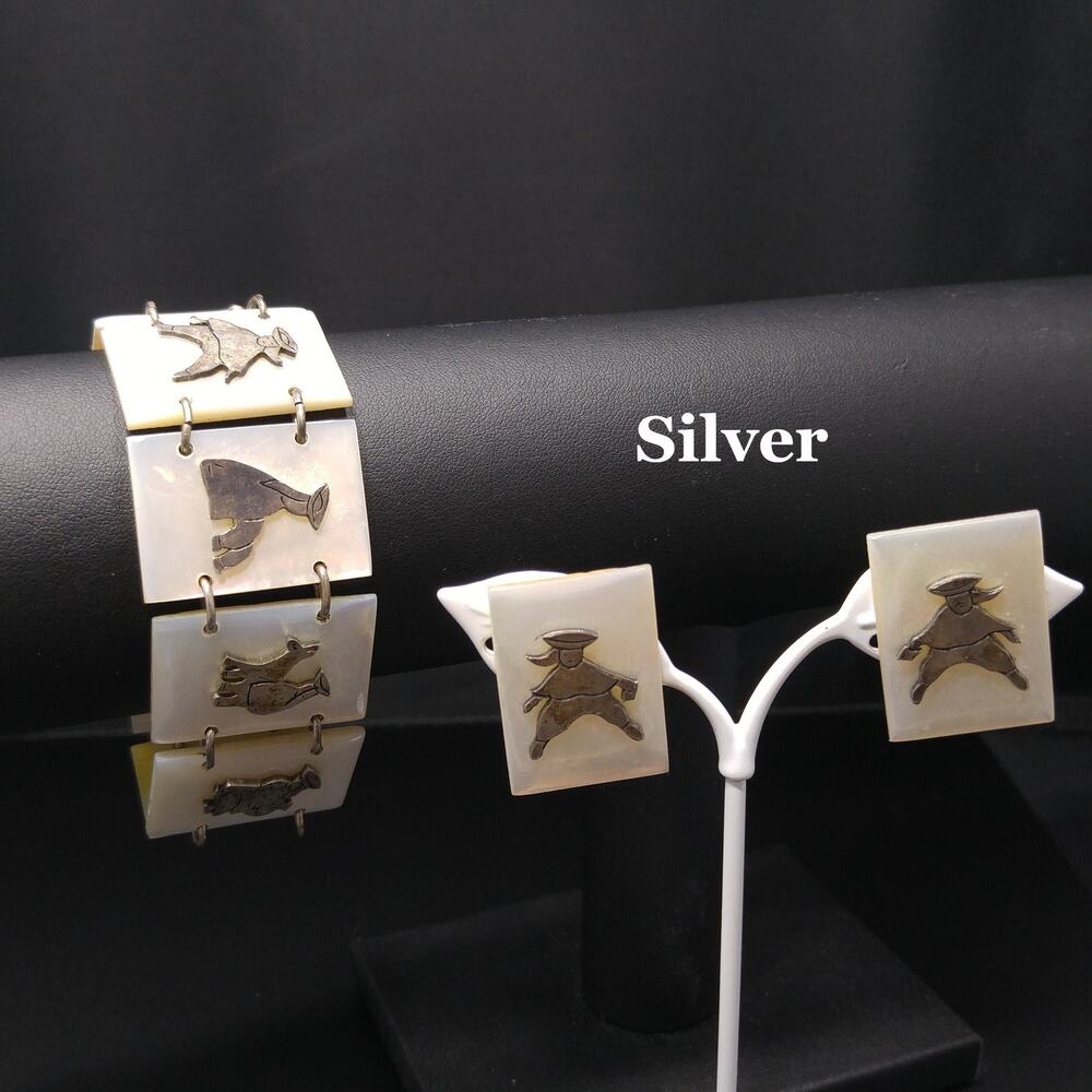 Vintage MOP Asian Panel Bracelet Earrings Set Sterling 1940s